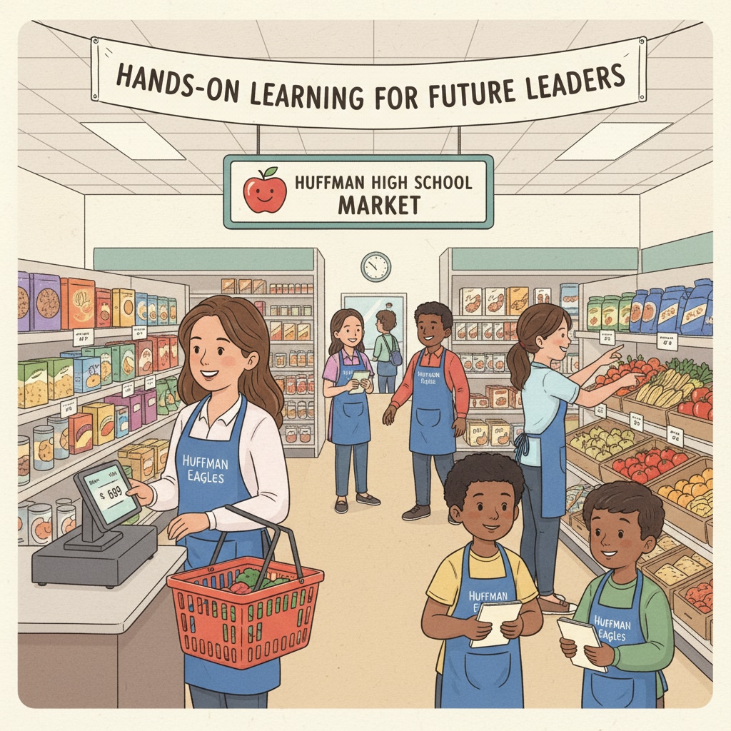 Students at Huffman High School working at the on-campus grocery store, assisting customers and managing the inventory Students working at the on-campus grocery store at Huffman High School in Birmingham