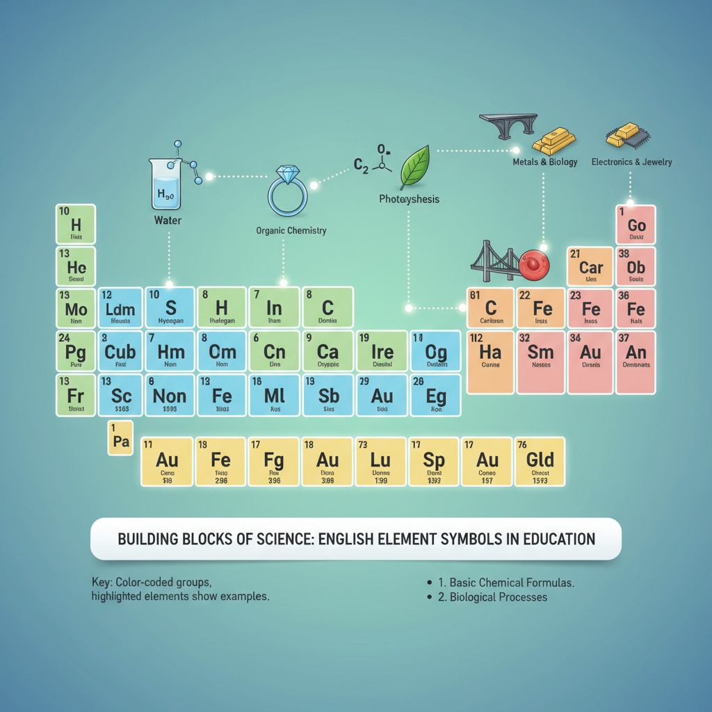A periodic table with English-based element symbols is shown, highlighting how these symbols are used in scientific education. A periodic table demonstrating the prevalence of English-based symbols in science, related to language barriers and English centralism.