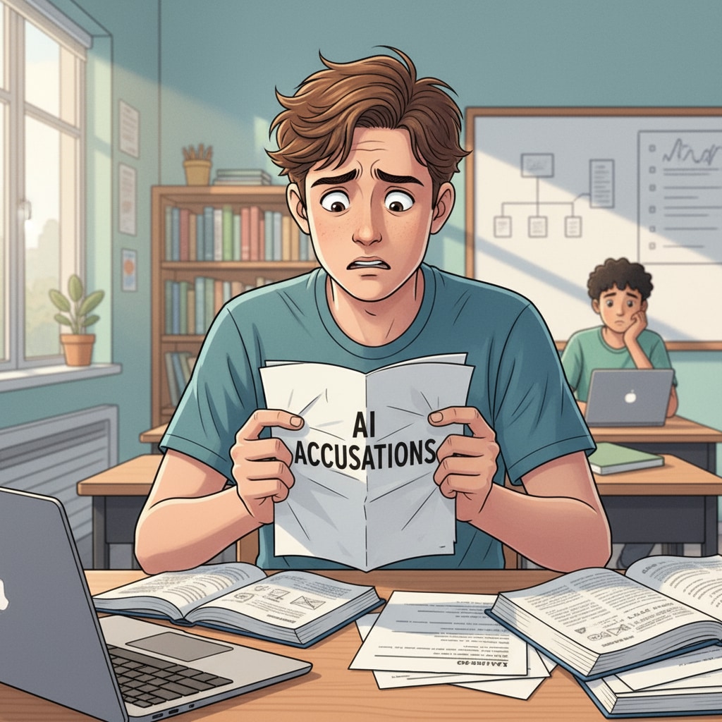 A high school student is sitting at a desk, looking worried while holding a paper with AI accusations written on it, representing the stress students face when wrongly accused. A worried high school student holding a paper with AI accusations