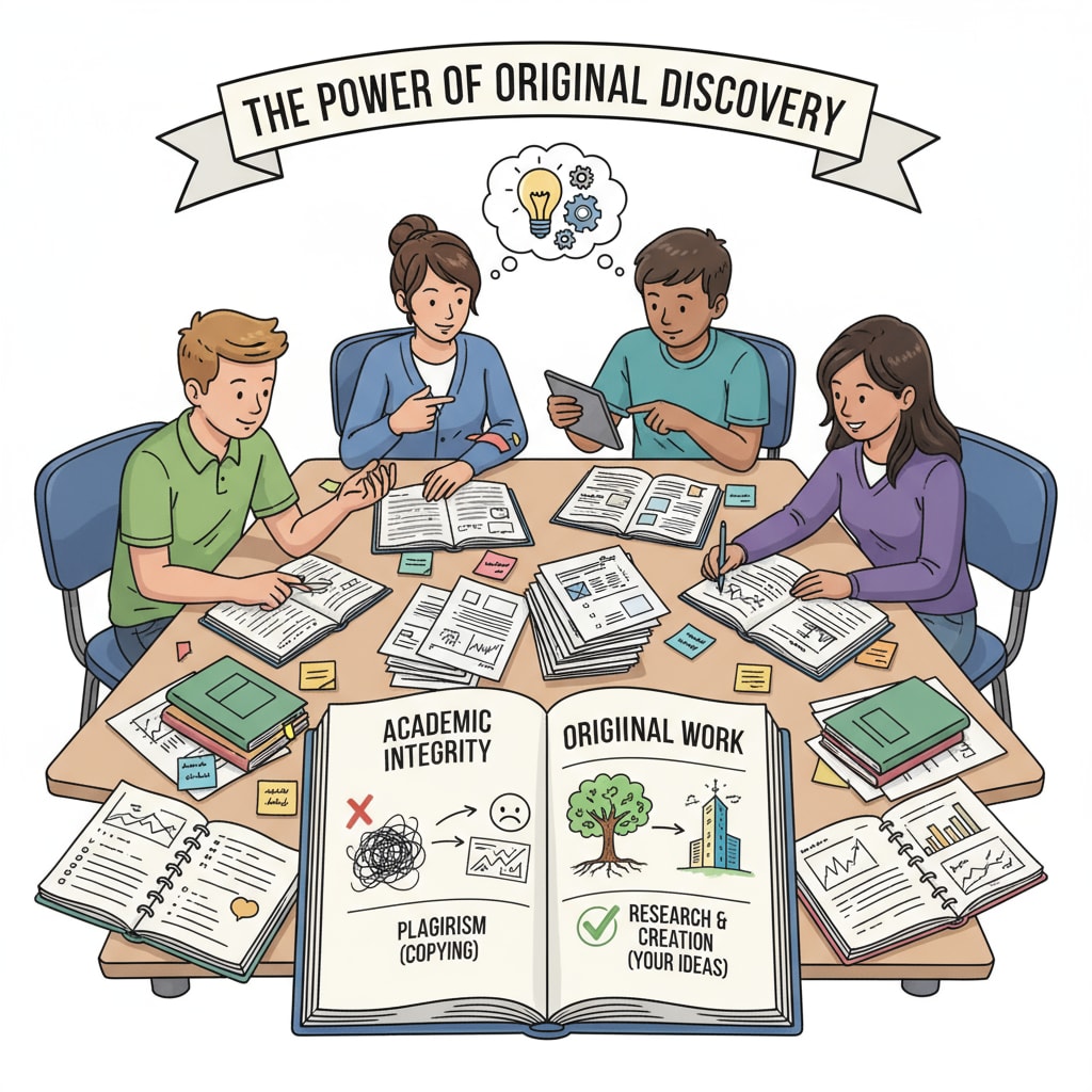 A group of high school students collaborating on a research project, showing their handwritten notes and research materials, highlighting the importance of maintaining academic integrity through original work. High school students collaborating on a research project with handwritten notes