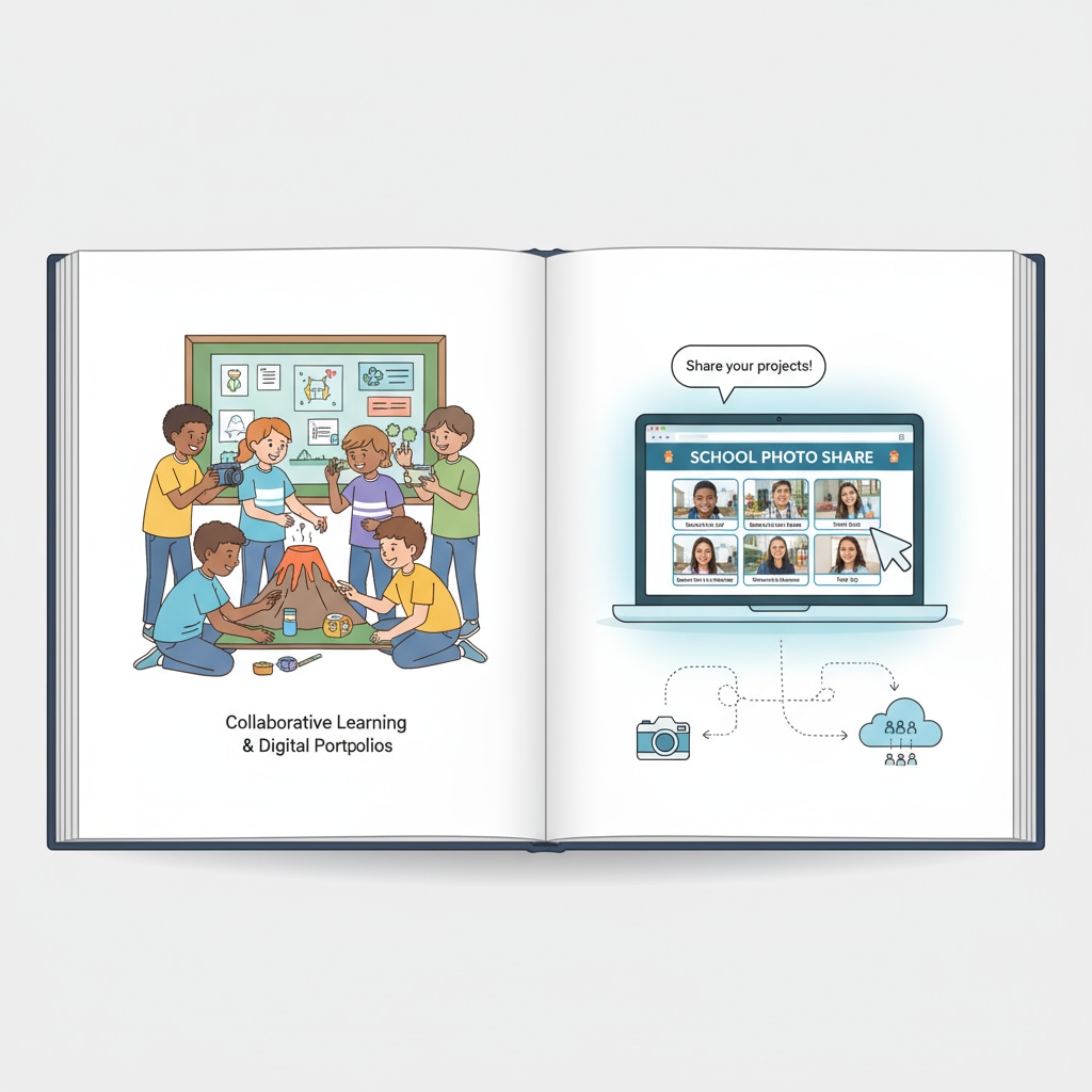 A group of students are engaged in a school activity, and a laptop nearby shows a website with their photos, highlighting the act of online photo sharing in schools. Students' photos being shared online, related to student privacy, digital footprints, and facial recognition