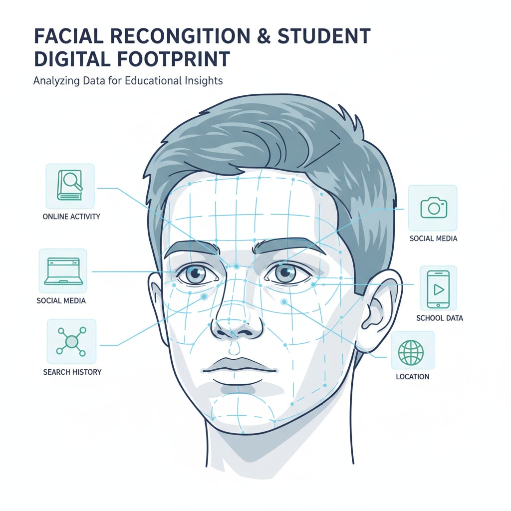 A close-up of a student's face with a digital grid over it, representing the analysis of facial recognition technology on students' digital footprints. Facial recognition analysis on a student's face, related to student privacy, digital footprints, and facial recognition