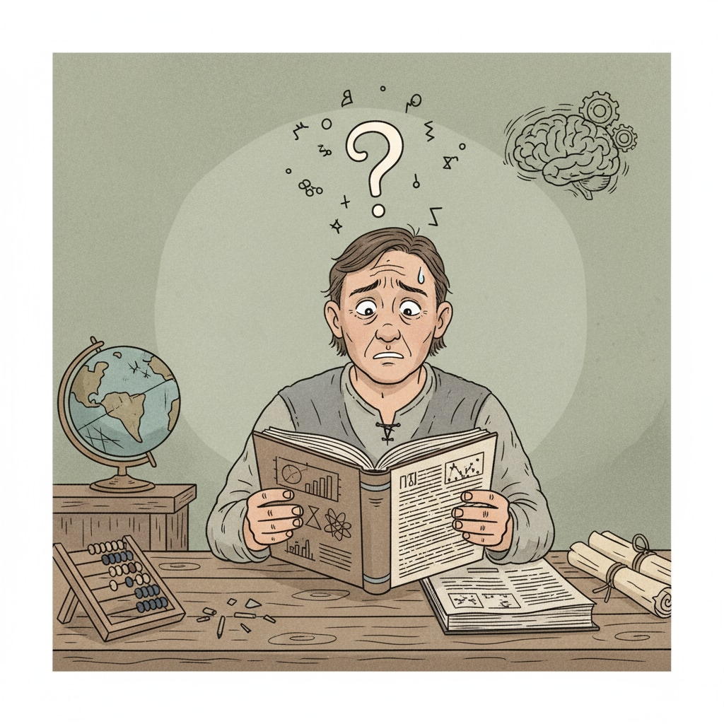 A person sitting at a desk, looking at a book with a confused expression, representing a character with limited education A character with limited education showing confusion while looking at a book
