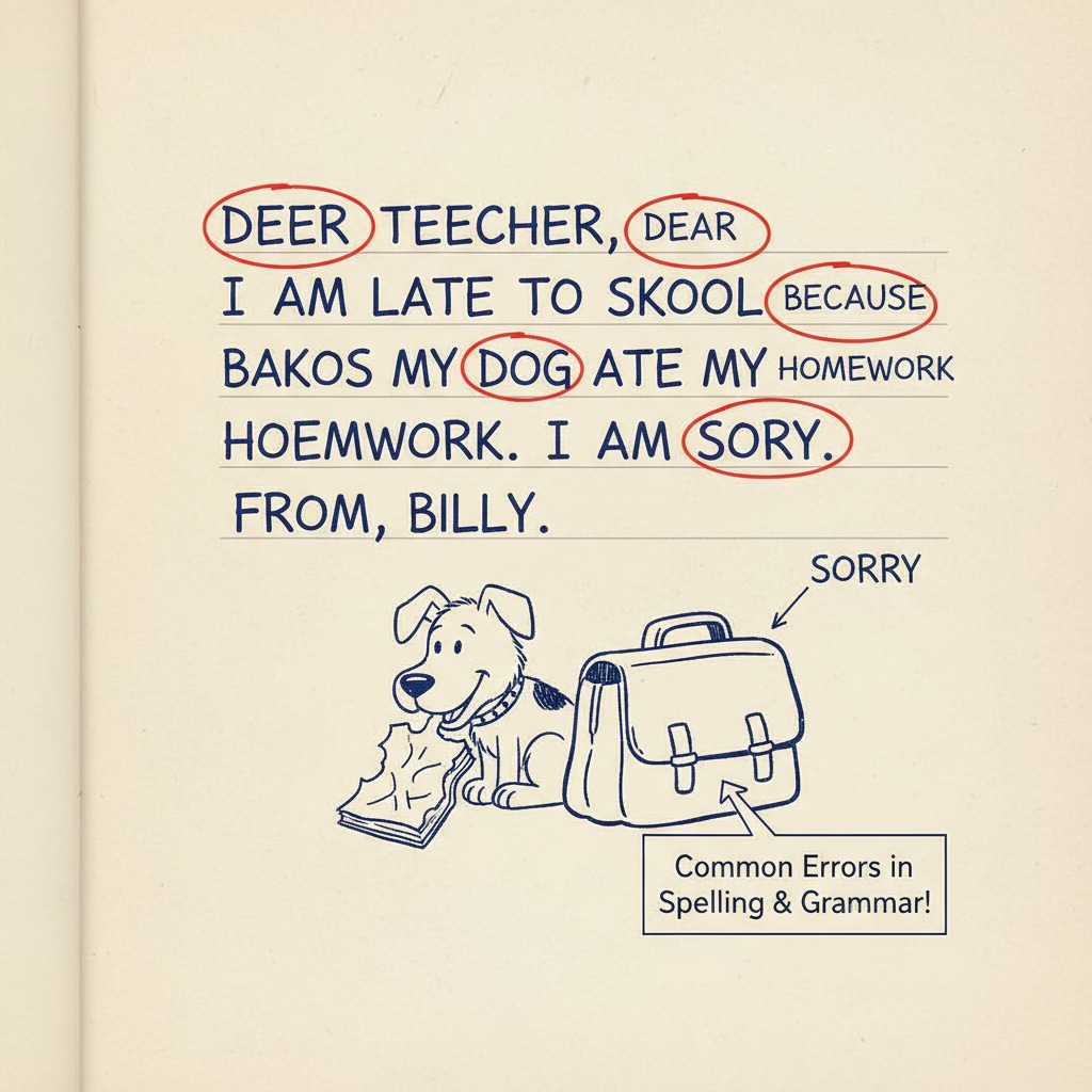 A handwritten note with simple grammar and spelling mistakes, symbolizing the writing of a character with limited education Handwritten note representing the writing of a character with limited education