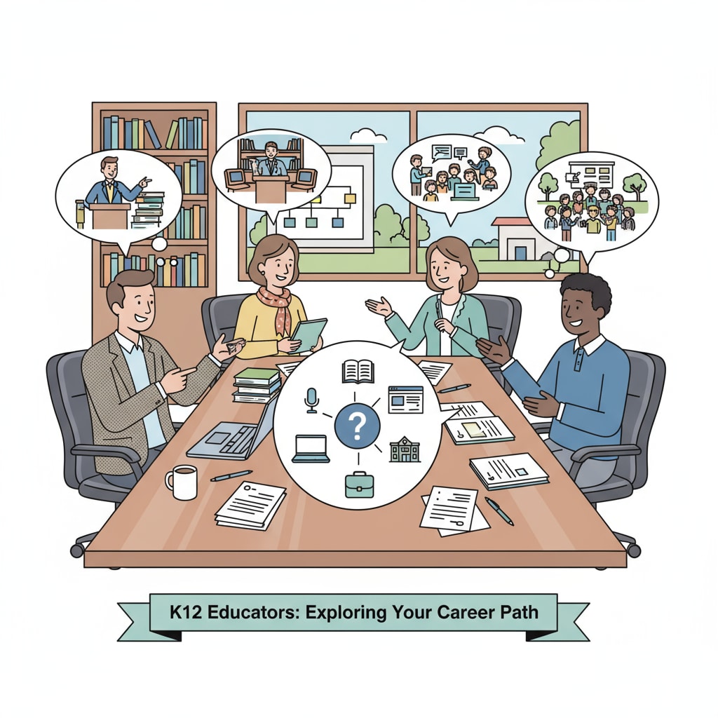 A group of K12 teachers sitting around a table, engaged in a discussion about their career options, with papers and pens in front of them. K12 teachers discussing career transitions related to educational qualifications and ABA therapy