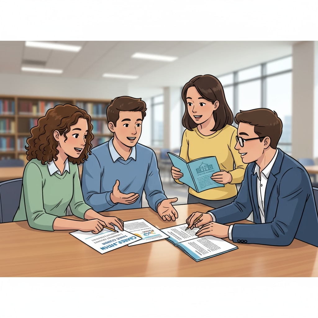 A group of young people are sitting around a table. Some are looking at papers with career options in education, like teaching positions in K12 schools, and they are engaged in a lively discussion. Young people discussing their career options in an education-related setting amidst concerns about finding their dream jobs and employment uncertainties.