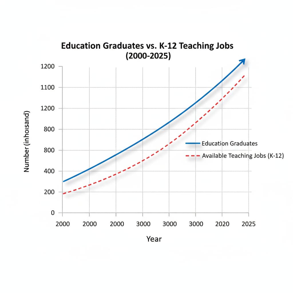 A graph with two lines. One line represents the increasing number of education graduates over the years, and the other line shows the slower growth of available teaching job openings in the K12 education sector. Graph depicting the increasing number of education graduates and the slower growth of teaching job openings, highlighting employment concerns in the education field.