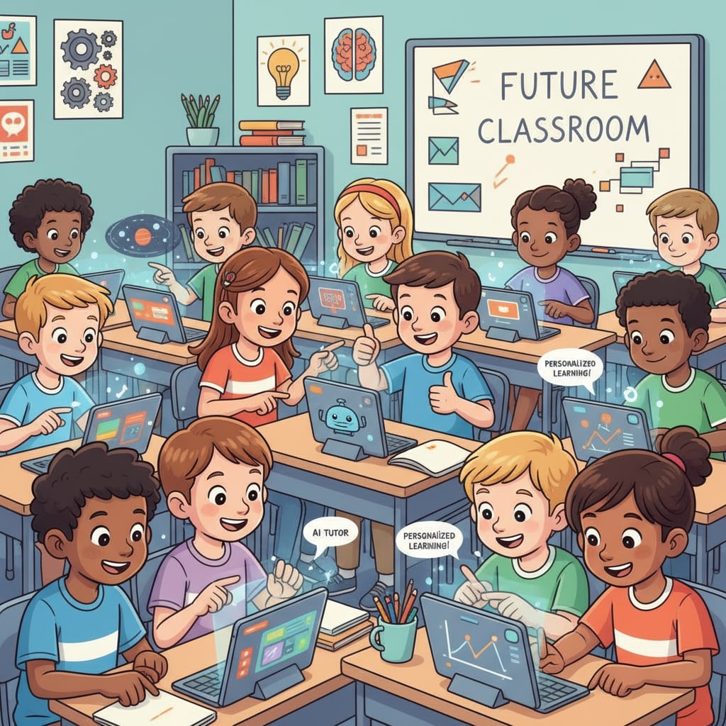 Students are using AI-powered learning devices in a classroom setting, with an excited and engaged look on their faces. Students using artificial intelligence learning tools in a K12 classroom