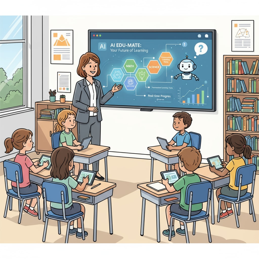 A teacher is demonstrating an AI educational software on a whiteboard to a group of students, who are attentively watching. Teacher demonstrating artificial intelligence educational tool to students in K12 education
