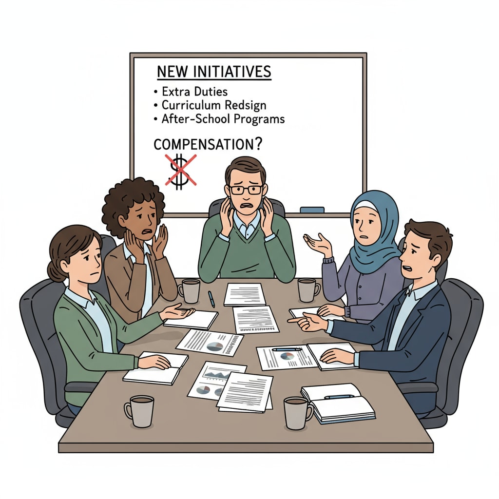 A group of K12 educators are engaged in a discussion in a meeting room, with some looking concerned. This represents the situation where they are dealing with the issues of additional work tasks and lack of salary adjustments. K12 educators discussing additional work tasks and salary adjustments in a meeting room