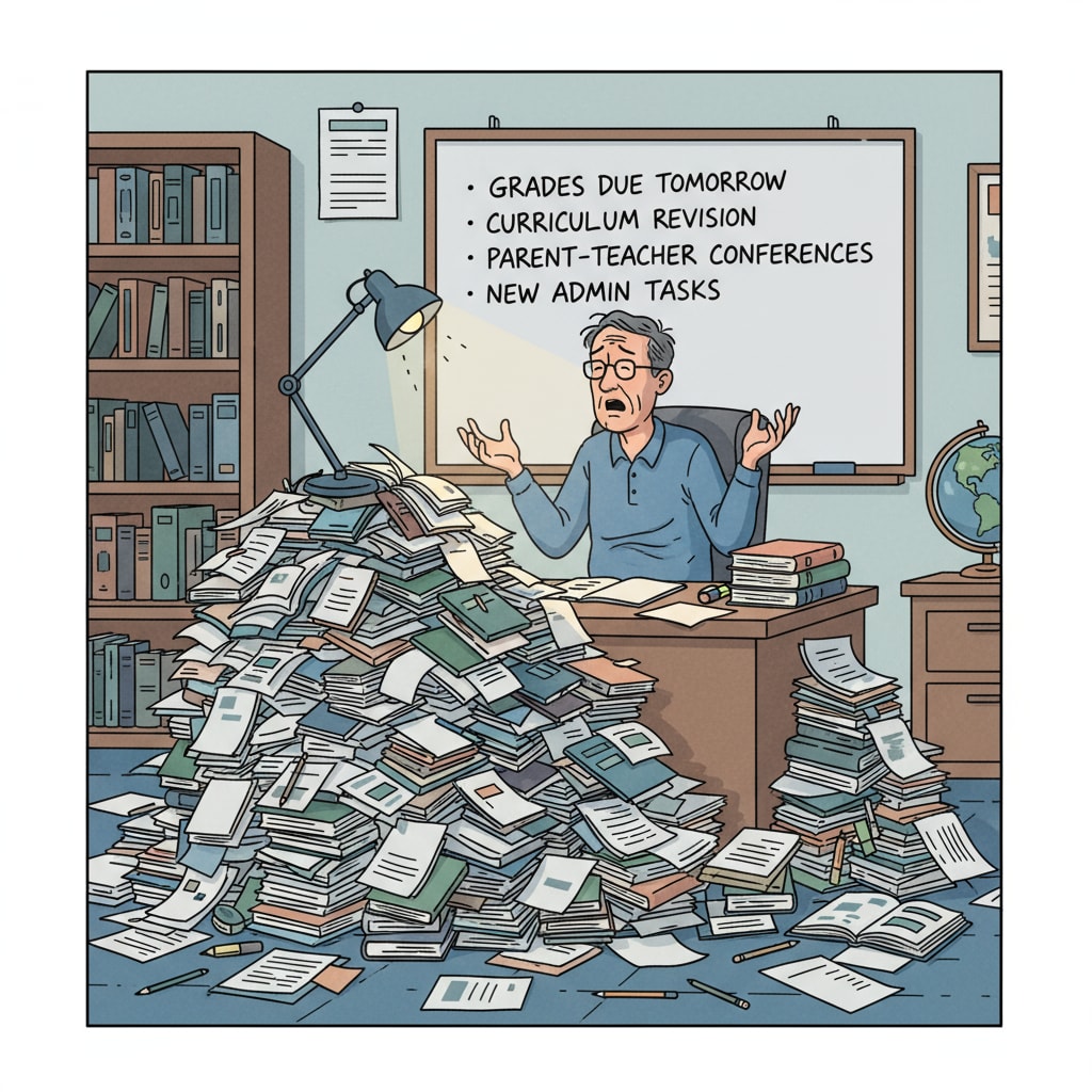 An educator is sitting at a desk, surrounded by a large number of papers and books, with a stressed expression on their face. This depicts the heavy burden of additional work tasks on educators. An overburdened K12 educator due to additional work tasks