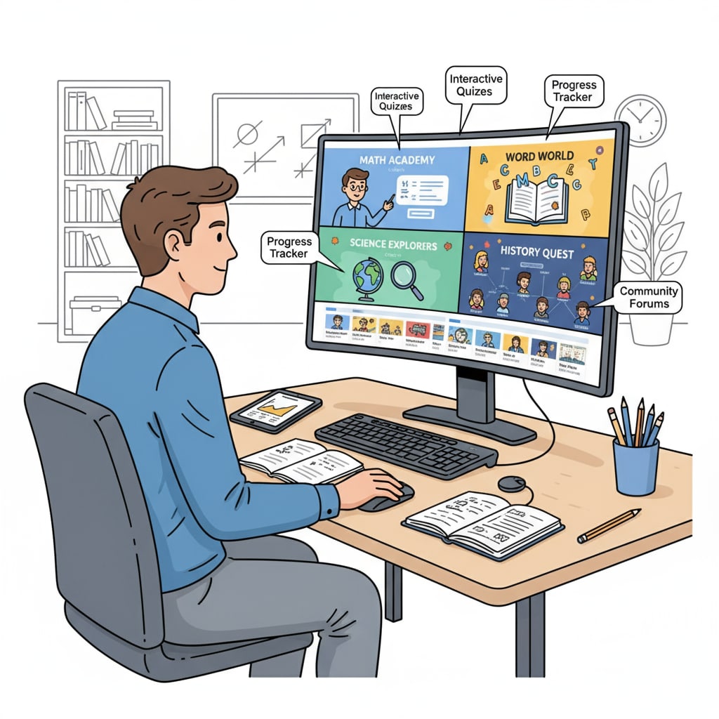 A person is sitting in front of a computer, looking intently at different online learning platforms that are related to basic education. The screen shows various courses and interfaces. A person using online learning resources for basic education with ADHD considerations