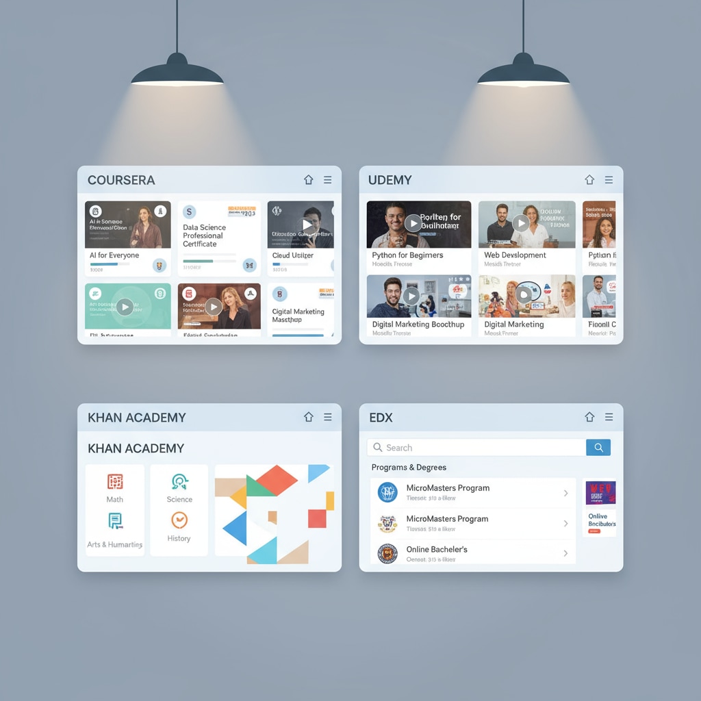 A screenshot of popular online learning platforms' interfaces, showing different courses, subject categories, and user-friendly designs. Screenshot of online learning platforms for filling basic education gaps with ADHD in mind