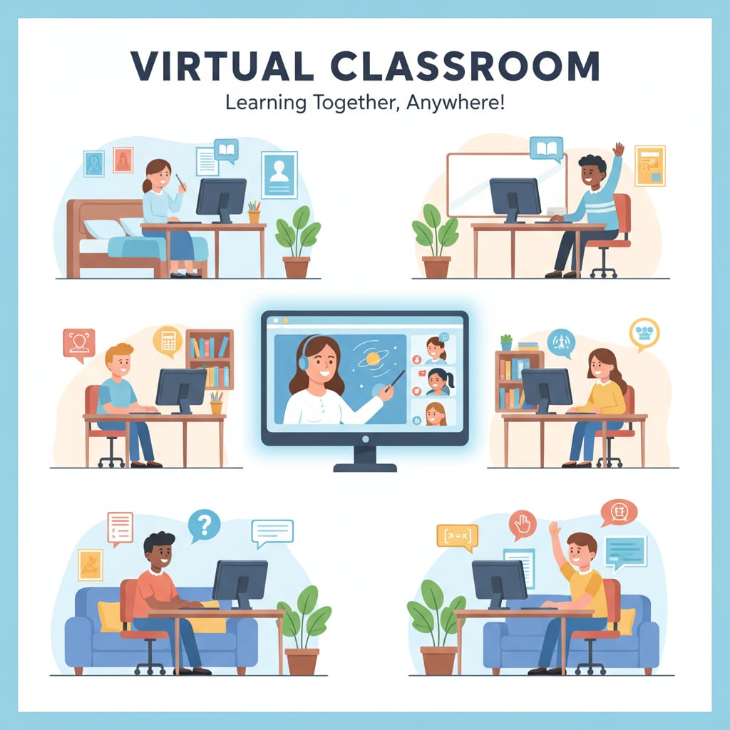 A virtual classroom scene where students are participating in an online high school class. Students attending an online high school class for their high school diploma with different credit requirements.