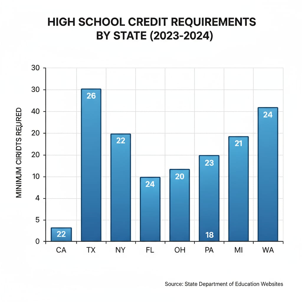 A visual representation of a graph comparing the high school credit requirements of different states. Graph showing different states' high school credit requirements for obtaining a high school diploma in online high schools.