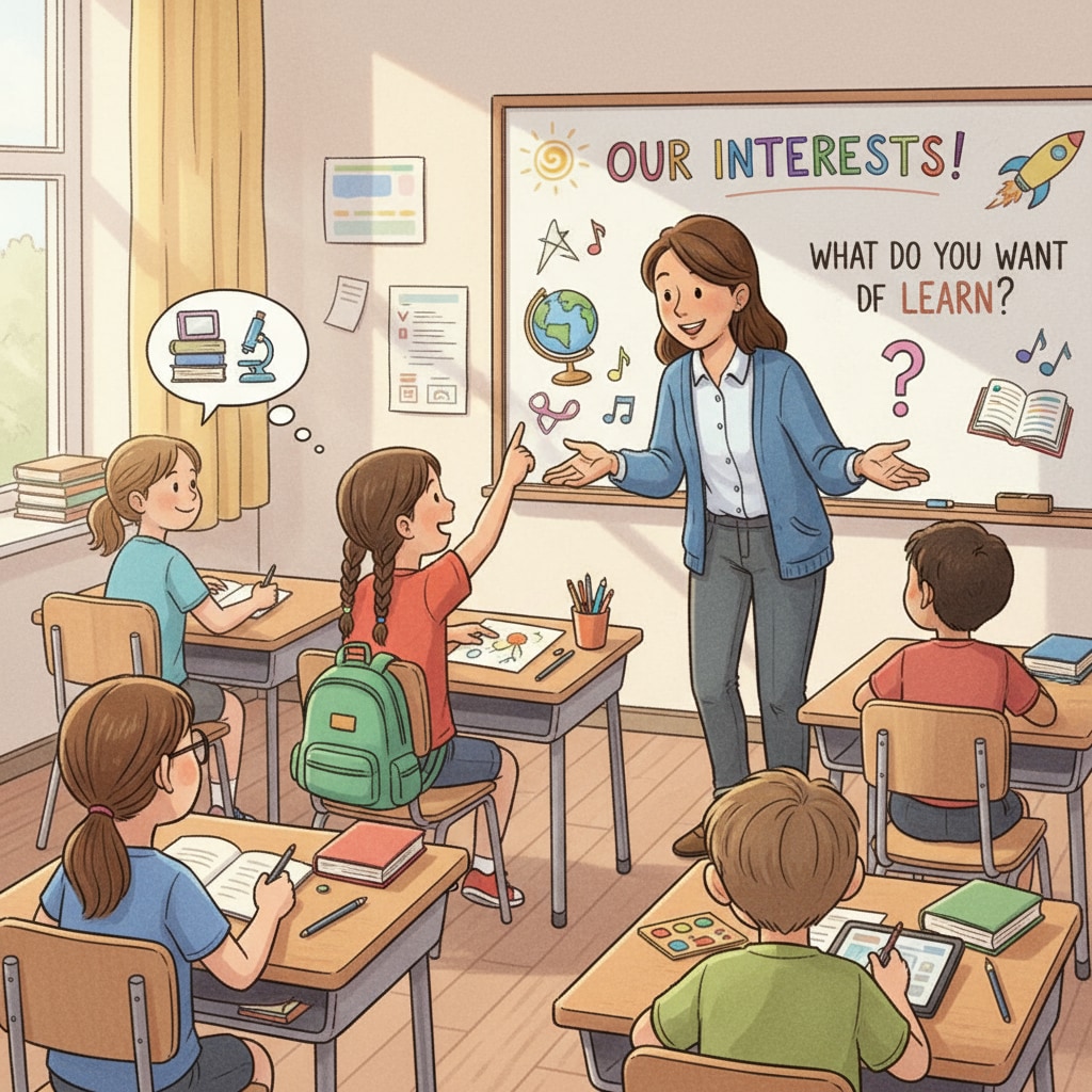 A teacher is having a friendly and interactive conversation with students in a classroom, asking about their interests and learning needs. Teacher - student conversation for understanding student needs in the context of innovative courses and student engagement