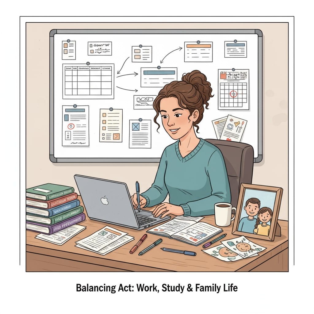 A busy teacher is shown planning lessons at a desk, with books for study nearby, and a family photo on the table, depicting the challenges of balancing work, study, and family. A K12 educator striving for time management, work-study balance, and a healthy marital relation