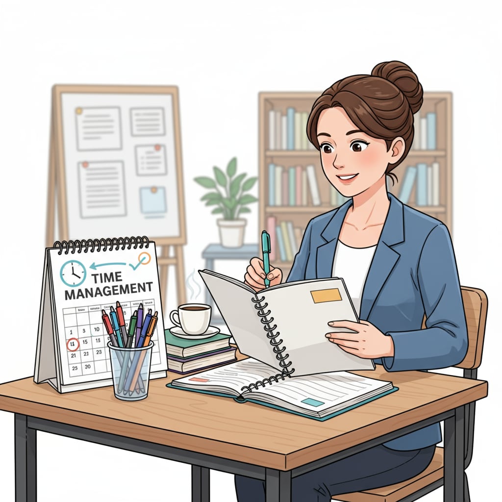 A teacher is sitting at a table, carefully writing in a planner, with different colored pens and a calendar beside, emphasizing the importance of time management. Teacher using time management tools for work-study balance and marital harmony