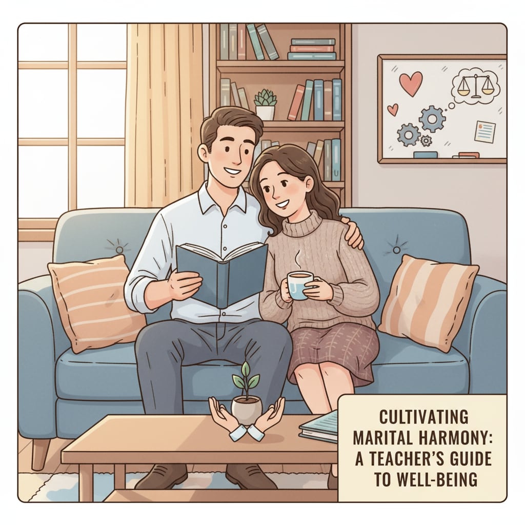 A teacher and their partner are sitting on a couch, smiling and sharing a moment of relaxation, highlighting the significance of nurturing marital relations. K12 educator maintaining a loving marital relation while managing work and study
