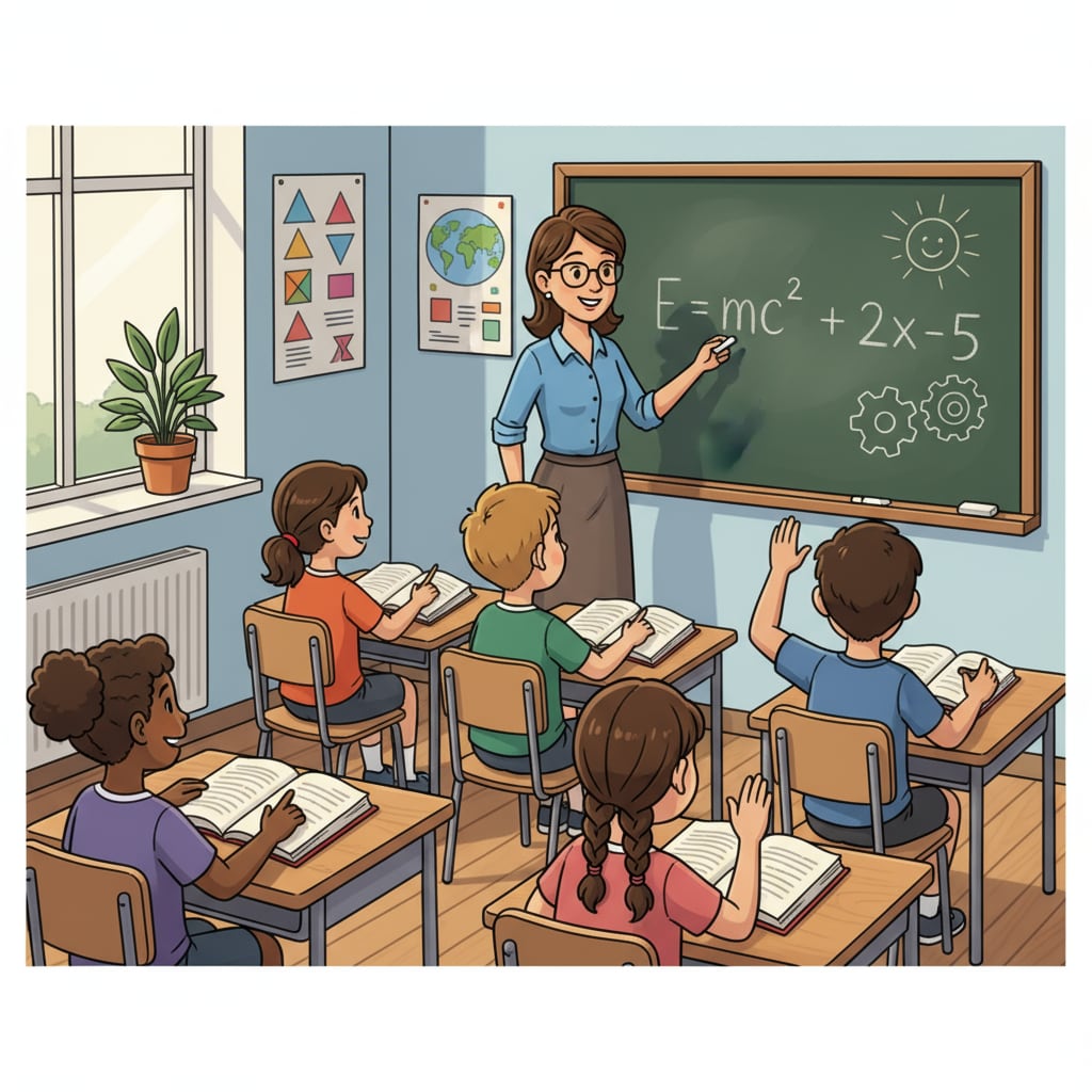 A teacher is writing on a traditional blackboard while students are sitting at their desks, paying attention. This represents the traditional teaching method in a classroom setting. Traditional teaching method in a classroom with a teacher and students