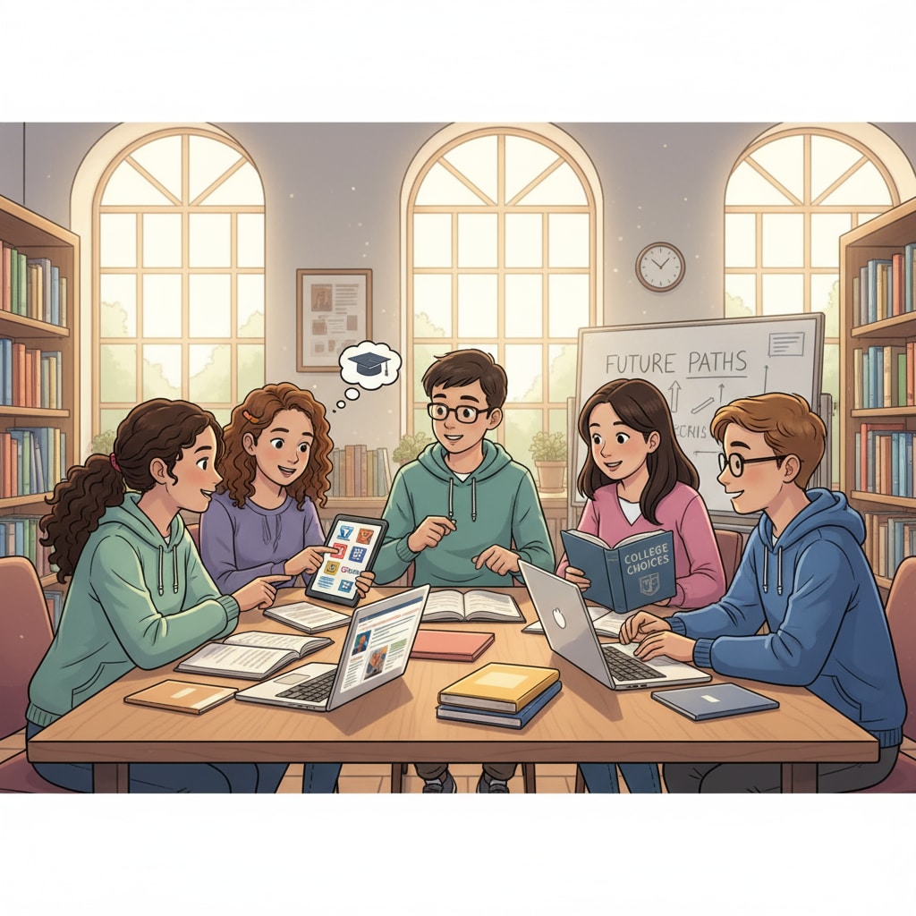 A group of teenagers are engaged in a discussion about educational options in a library setting, with books and laptops around them. Teenagers discussing dropouts, GED, and educational choices in a library