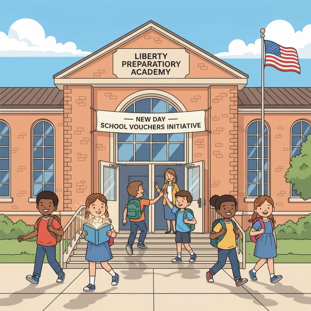 A group of students walking into a public school building, symbolizing the start of a new day in the context of the school vouchers policy Students entering a public school building amidst the school vouchers policy discussion