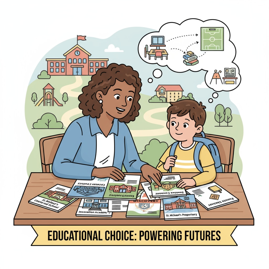 A parent and child looking at brochures of different schools, representing the educational choice aspect of the vouchers policy Parent and child exploring educational choices with school brochures in the vouchers policy scenario