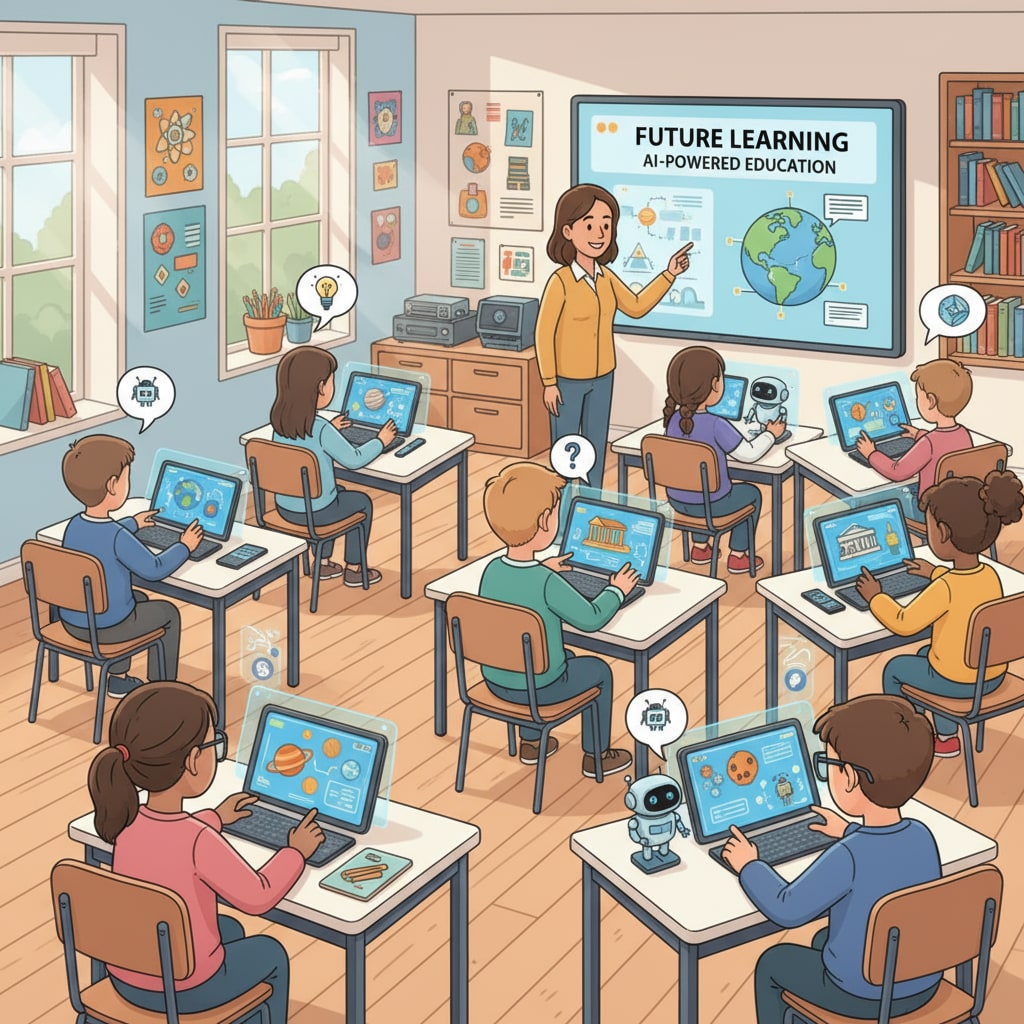 A classroom scene where students are using AI-powered devices to learn. Students using AI tools in K12 education related to artificial intelligence policies, academic integrity, and skill depreciation