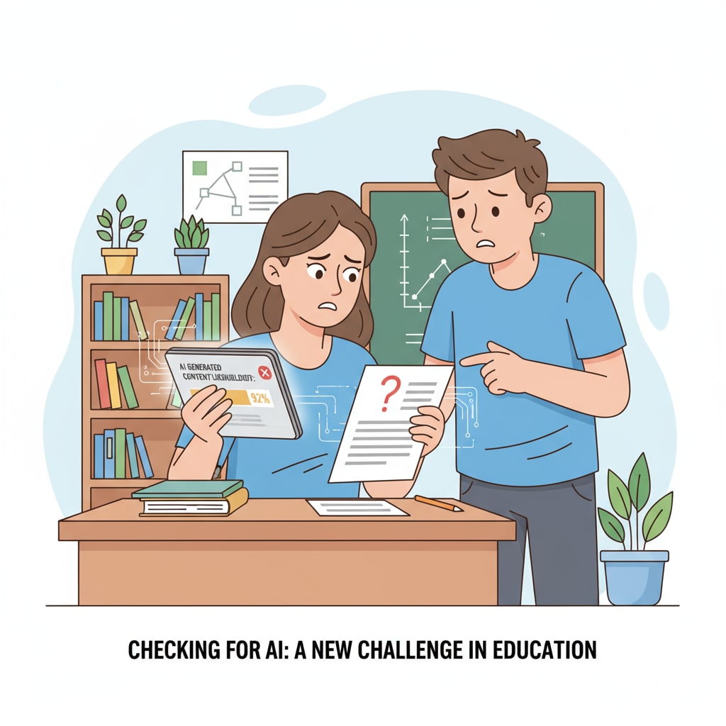 An image showing a teacher examining a student's paper to check if it was generated by AI. Teacher checking for AI-generated work in context of artificial intelligence policies, academic integrity, and skill depreciation