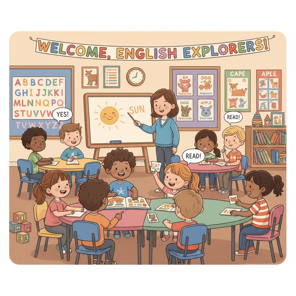 Children are seen actively participating in an early primary English class, with smiles on their faces as they engage in language activities. Early primary students engaged in second language teaching activities