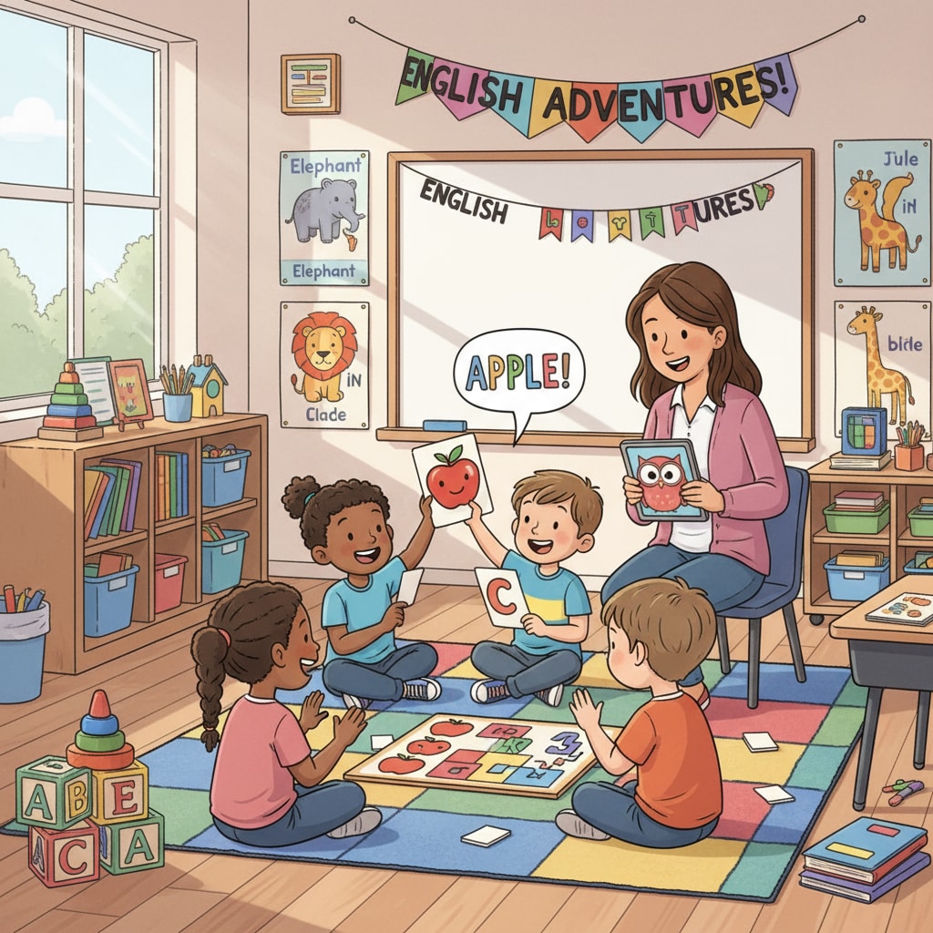 A group of kids are playing language learning games in an early primary classroom, showing enthusiasm for learning English. Kids enjoying second language teaching through games in early primary school