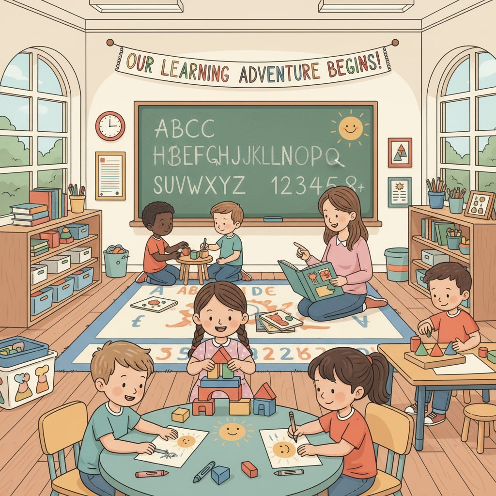 A group of children playing in a kindergarten classroom, representing the start of their educational journey Children in a kindergarten classroom related to gifted education, kindergarten admissions, and education policies