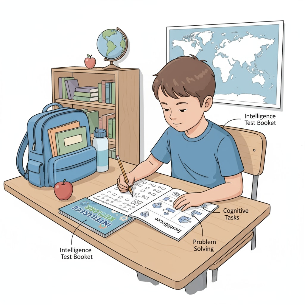 A child sitting at a table, looking at an intelligence test booklet A child taking an intelligence test relevant to gifted education, kindergarten admissions, and education policies