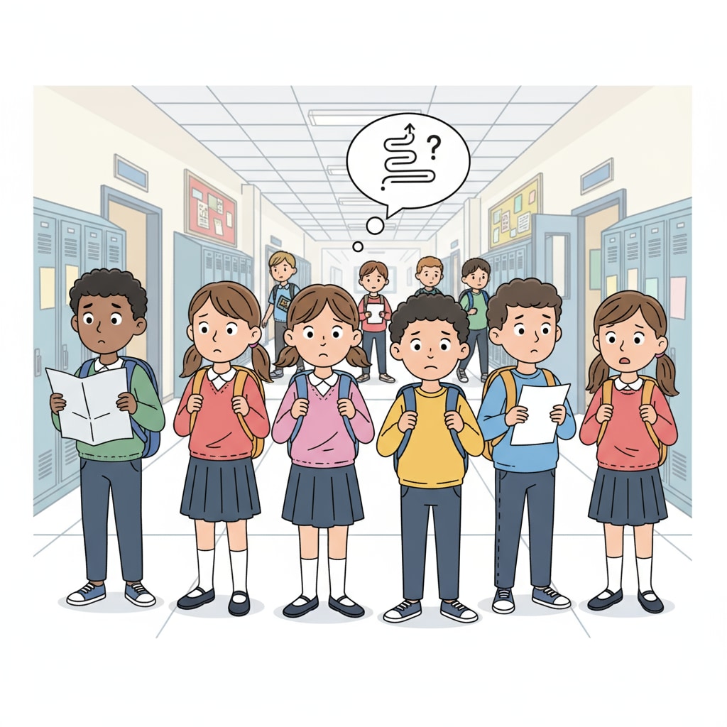 A group of K12 students looking a bit lost on the first day of a new school, which represents the initial stage of school transition where students may feel confused. K12 students facing school transition and looking lost