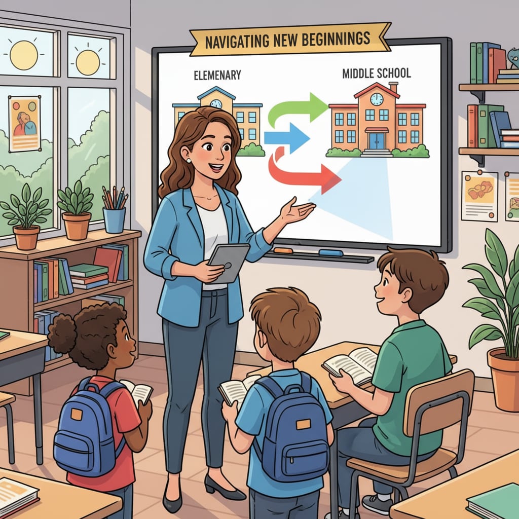 A teacher smiling and guiding a group of K12 students in a classroom, showing the important role of teachers in facilitating student adaptation during school transitions. Teacher guiding K12 students during school transition in a classroom