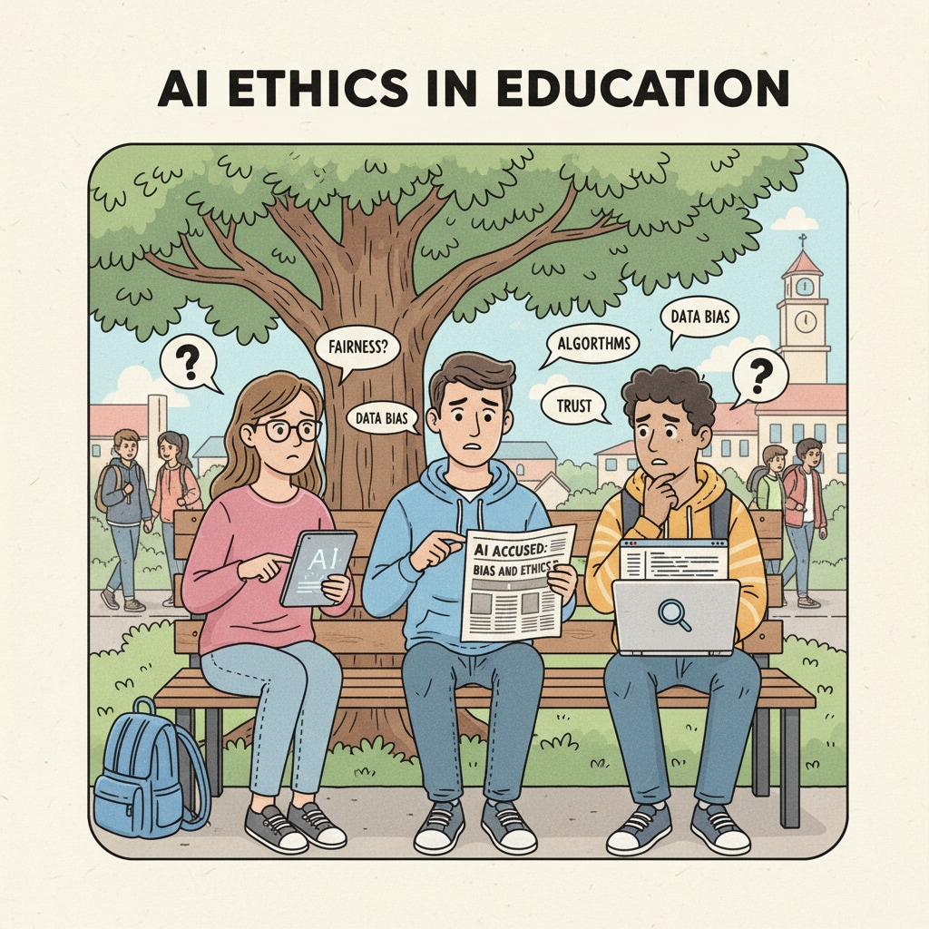 Students are engaged in a discussion about AI accusations on a campus bench, looking concerned. Students discussing the issue of university false accusations of AI usage