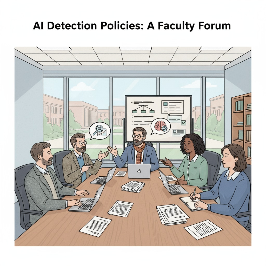 University professors are gathered in a meeting room, deeply involved in a discussion about AI detection policies, with papers and laptops in front of them. University professors discussing how to handle AI usage accusations responsibly