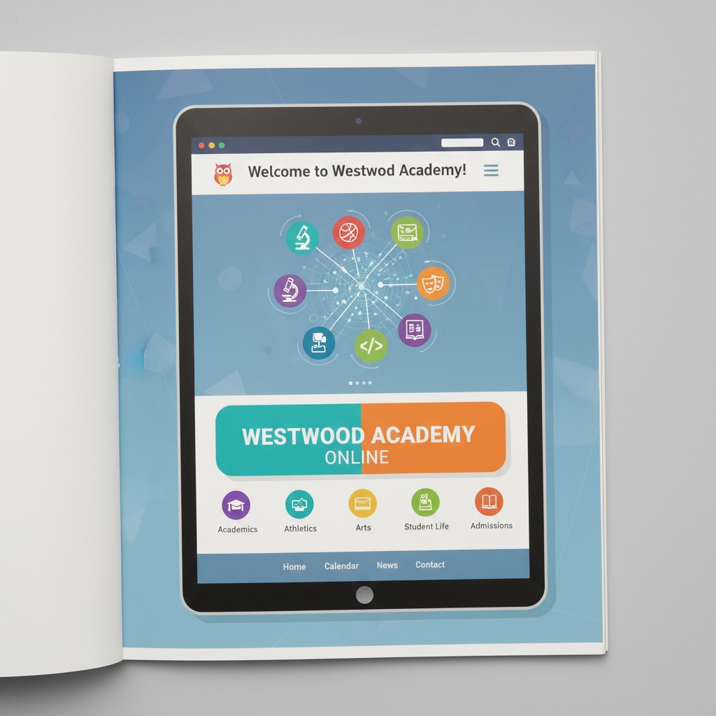 A high school website is displayed with an AI-generated graphic that is eye-catching and modern, showing elements related to the school's activities. AI-generated image on a high school website highlighting educational ethics