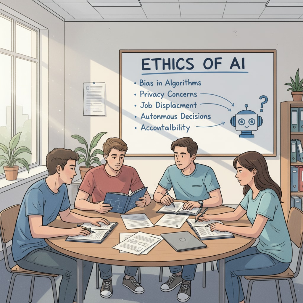A group of students are sitting around a table in a classroom, engaged in a deep discussion. Some are holding books, and there is a whiteboard with notes about the ethics of AI. Students discussing the ethics of AI in an educational setting