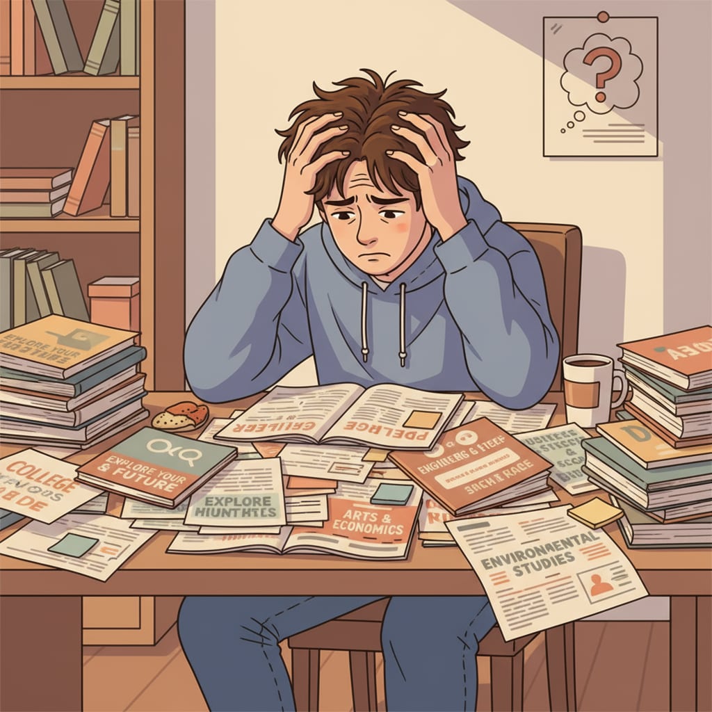 A student sitting at a desk, surrounded by brochures about different college majors, looking stressed and unsure. Student overwhelmed by college major choices, lacking interest and clarity