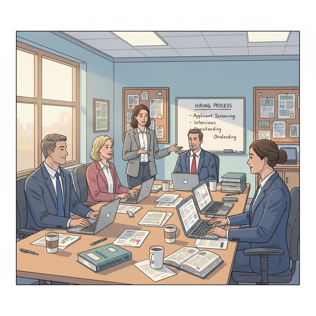 A group of HR professionals are engaged in a discussion in a school district office, with documents and laptops on the table, showing an active work environment related to HR in school districts. HR professionals discussing in a school district office, relevant to career transition of HR directors in school districts