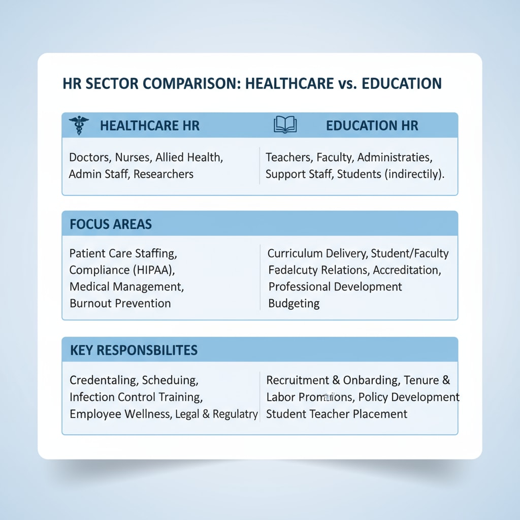 A comparison chart with columns for healthcare HR and education HR, highlighting differences in workforce types, focus areas, and responsibilities. Comparison chart of healthcare and education HR, related to the career transition of HR directors from healthcare to school districts