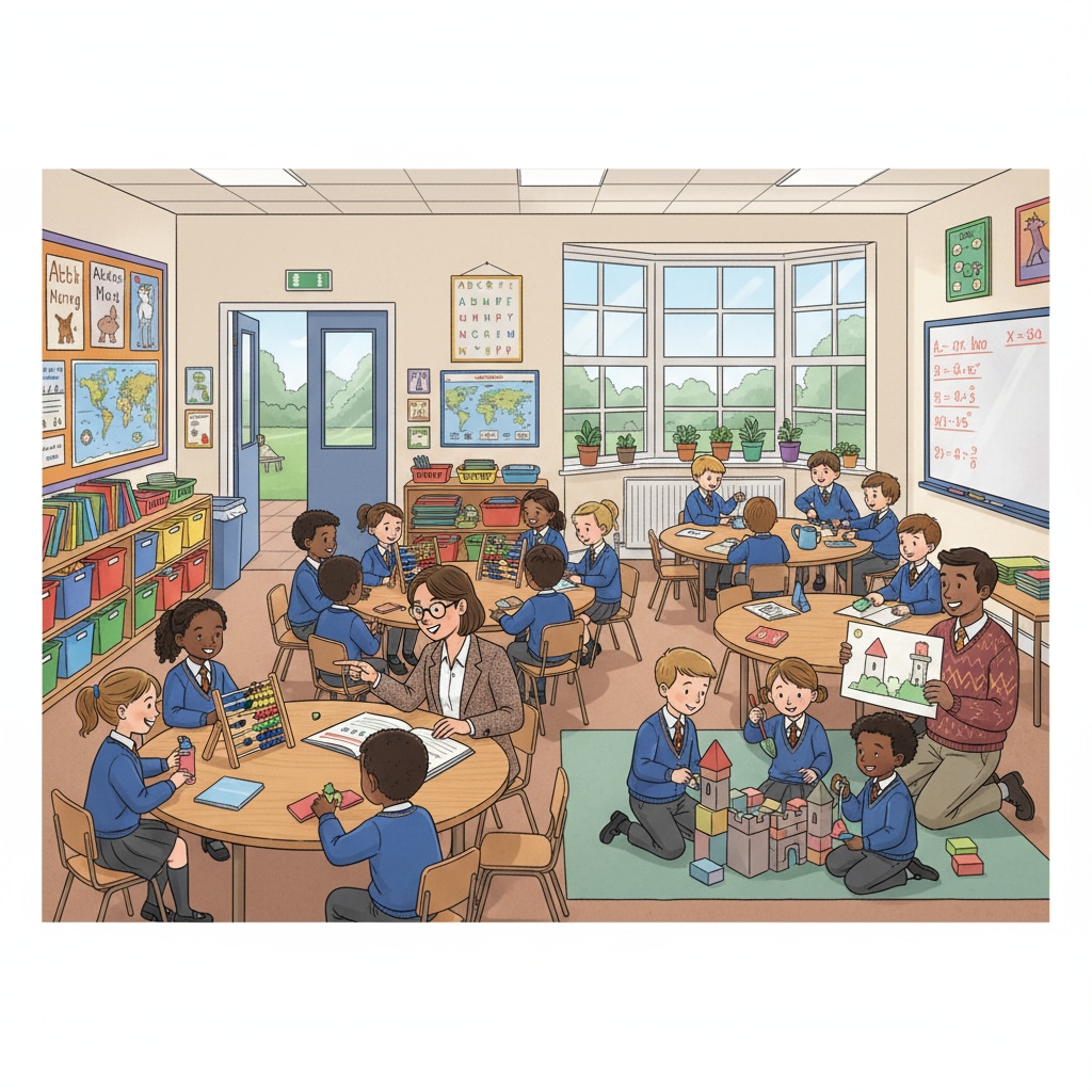 A classroom scene in a British private primary school with children actively engaged in learning activities. Children learning in a British private primary school related to scholarships and education