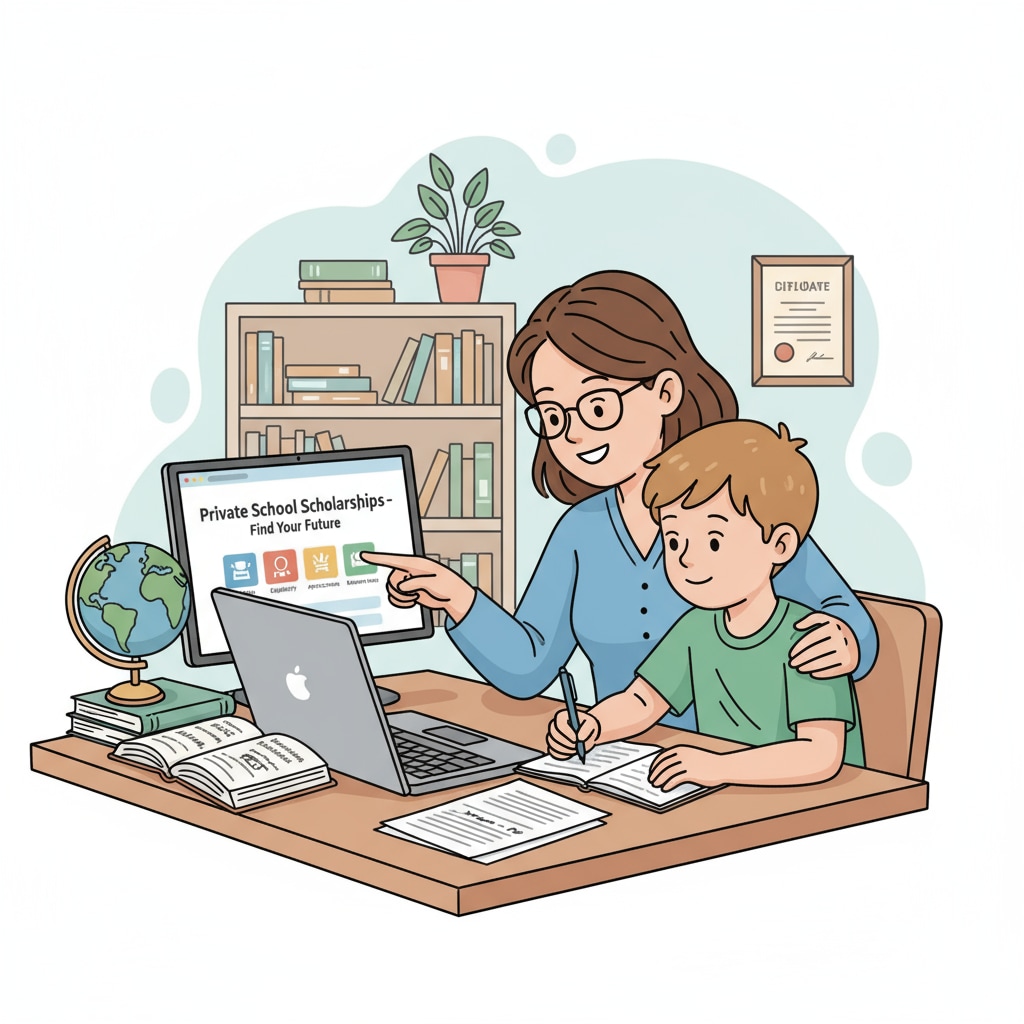 A parent and child collaborating to research private school scholarship opportunities on a computer. Parent - child research for British private primary school scholarships