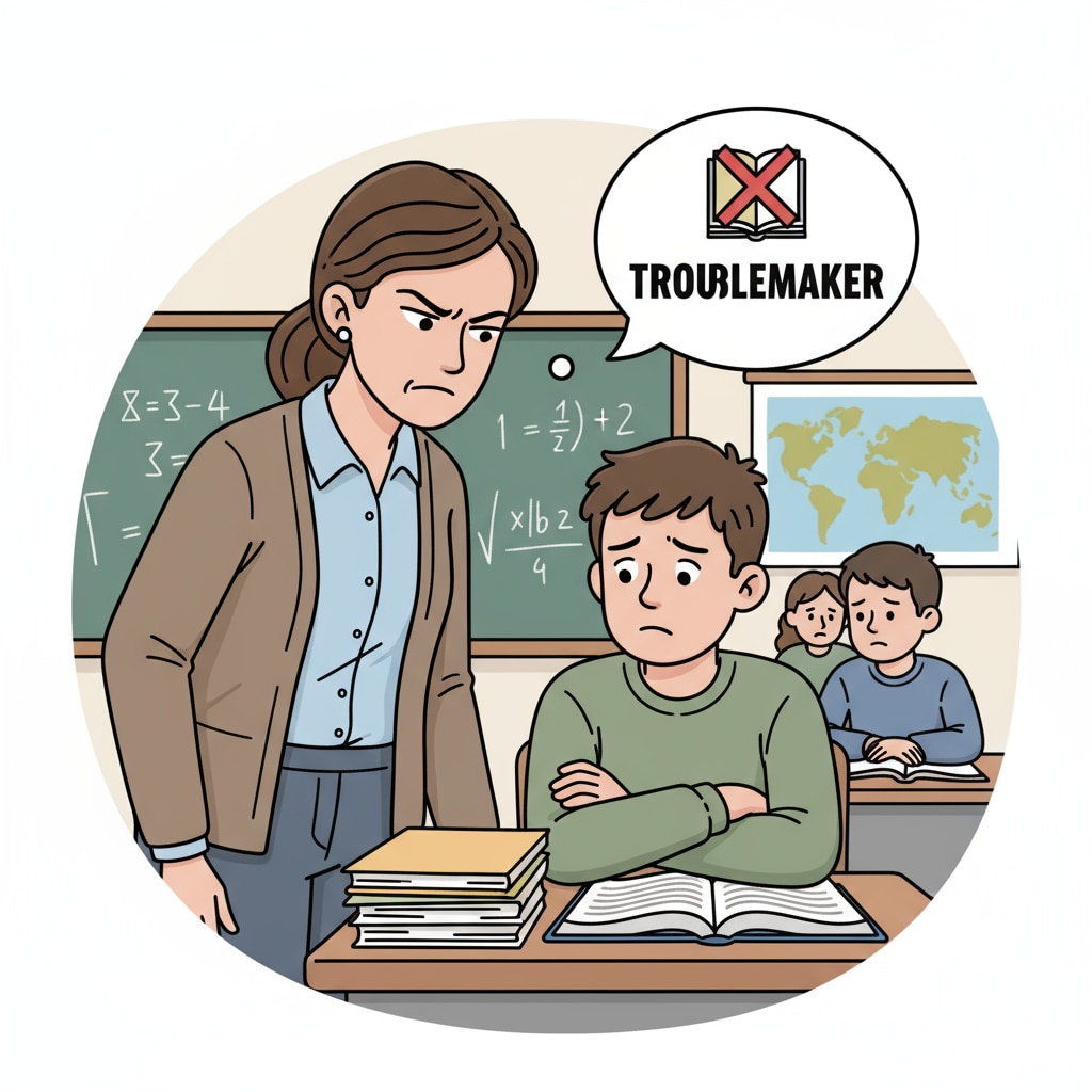 A classroom scene where a teacher is looking at a student with a biased expression, which may lead to unfair labeling. A teacher showing bias towards a student, representing school injustice, teacher bias, and student stigmatization.