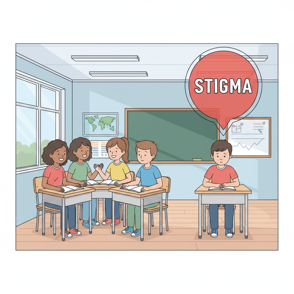 A group of students sitting in a classroom, with one student looking isolated due to a possible label, depicting the impact of stigmatization. A student being isolated in a classroom because of potential unfair labeling, related to school injustice, teacher bias, and student stigmatization.