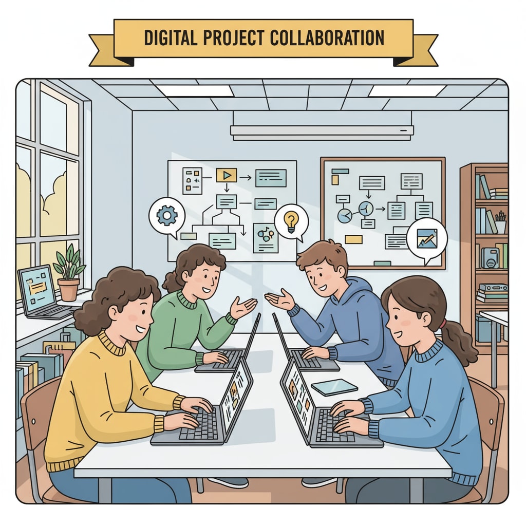 Students are working together on a digital project. They are gathered around a table, using their laptops to research, discuss, and create content. This shows collaborative digital learning in a secondary school setting. Students collaborating on a digital project in a secondary school during post-pandemic education