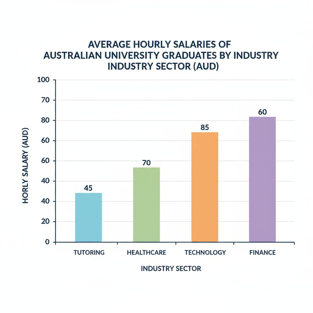 A bar graph comparing the average hourly salaries of university graduates in the tutoring industry with those in other major sectors in Australia. Graph showing salary comparison of Australian tutoring industry graduates with other sectors