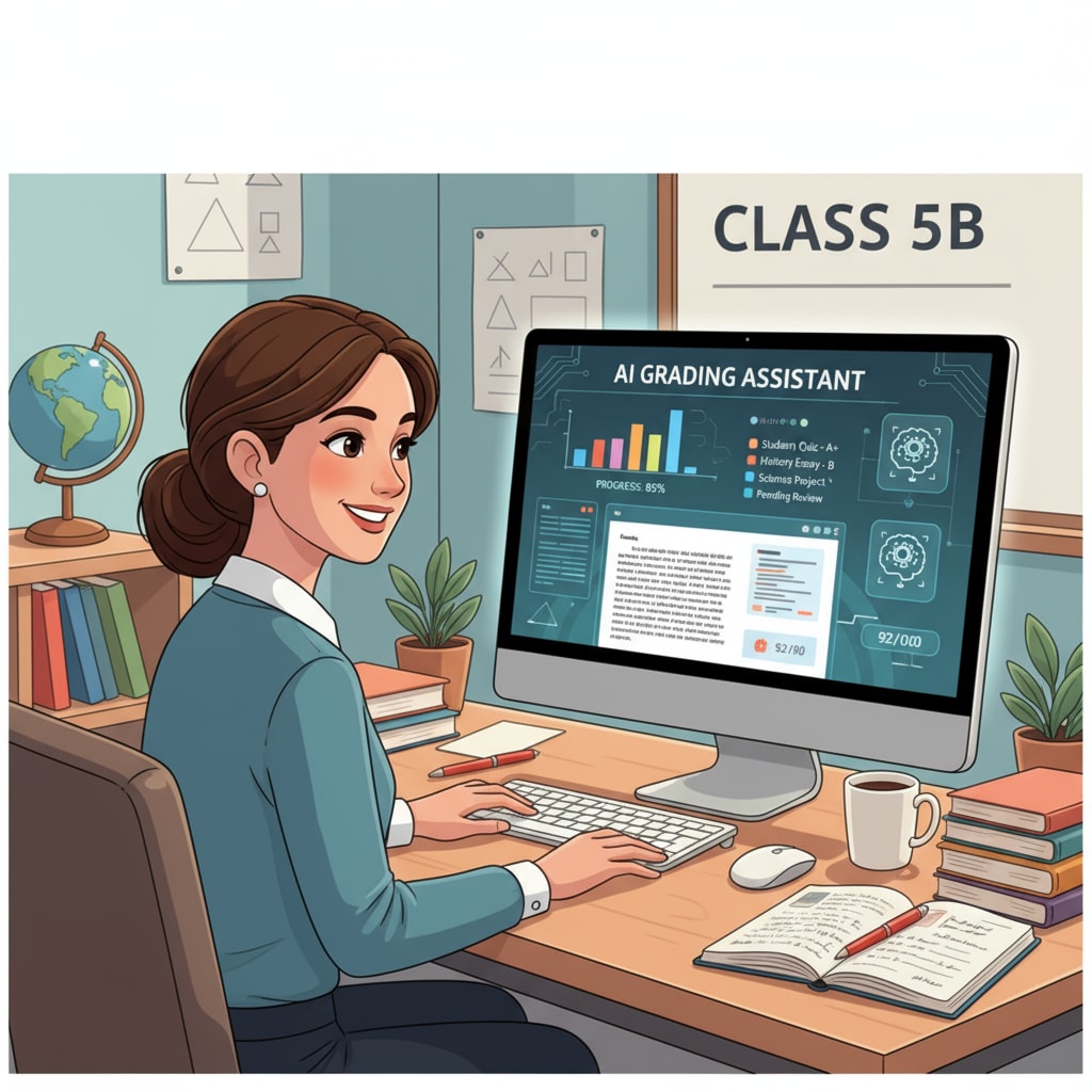 An illustration shows a teacher sitting at a desk, using a computer with an AI grading software to evaluate students' assignments. There are papers and a pen beside the computer. AI being used by a teacher for educational assessment