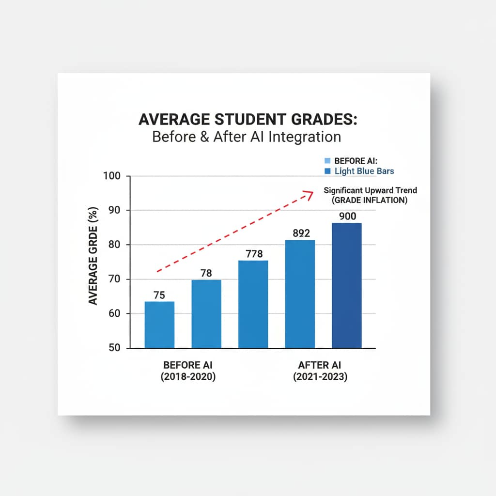 A bar graph shows two sets of data. One set represents average grades before the widespread use of AI in education, and the other shows a significant upward trend in average grades after the increased use of AI, indicating potential grade inflation. Graph showing the impact of AI on grade inflation in educational assessment